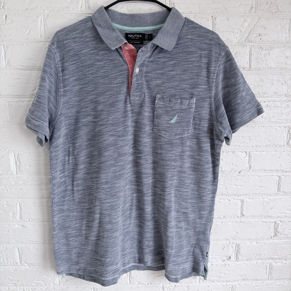 Nautica Polo Shirt 1/4 Button Men's Size L Heathered ‎ Blue Short Sleeve